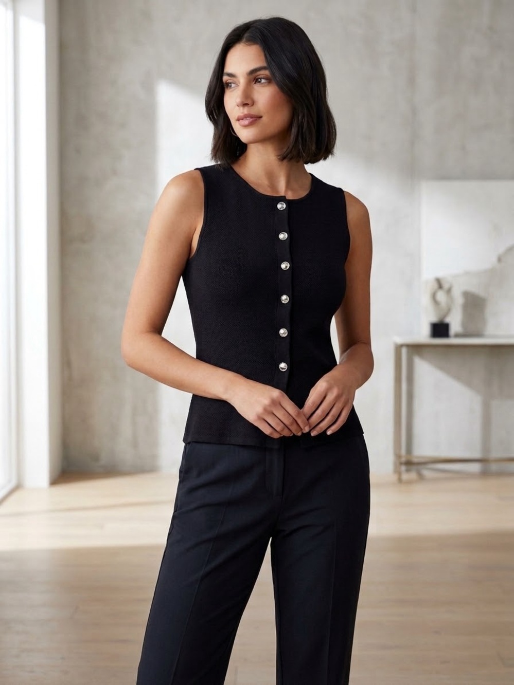 Vigoss Black Knit Vest with Gold Buttons